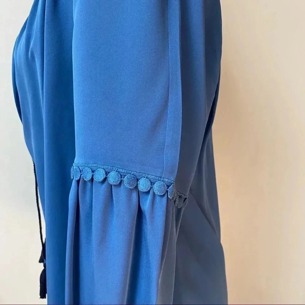 Tory Burch Sylvie 100% Silk Fringe Tunic Blouse Blue Navy Size 4